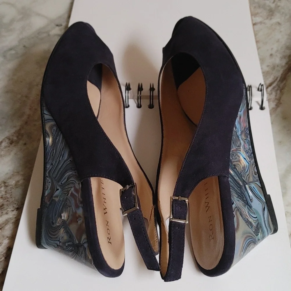 Ron White Navy Suede Jadinen Wedge Slingback Open Toe Shoe Size 41